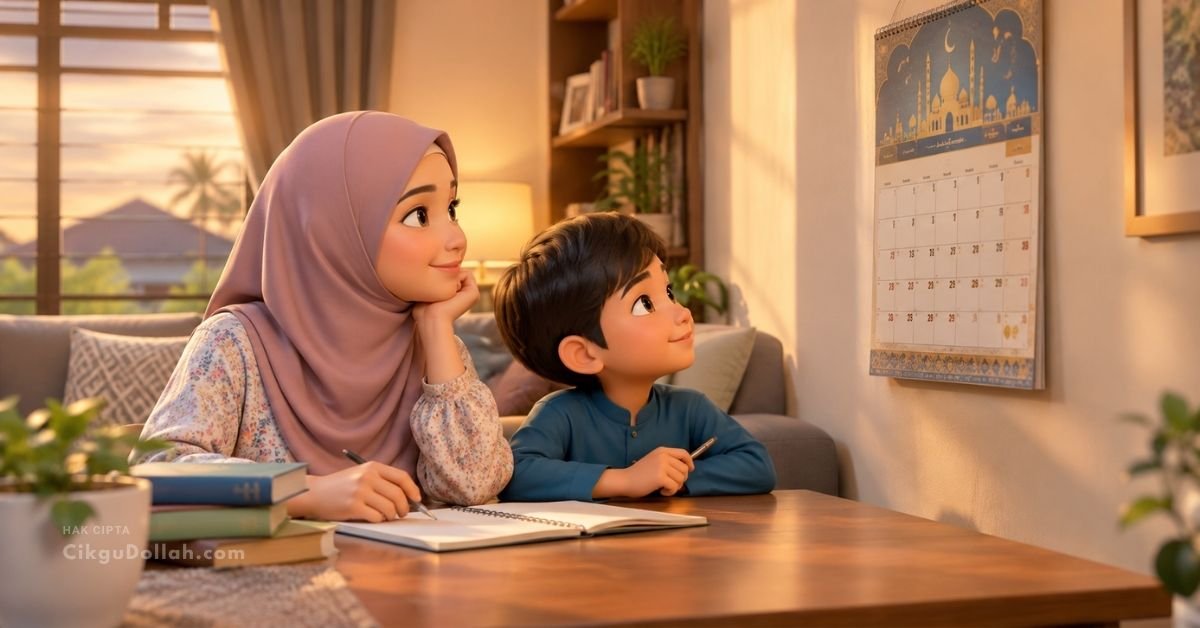 Ibu mengajar anak mengenal bulan-bulan Islam menggunakan kalendar